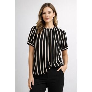Adrianna Papell Striped Blouse XL | Black & Beige Stretch Short Sleeve